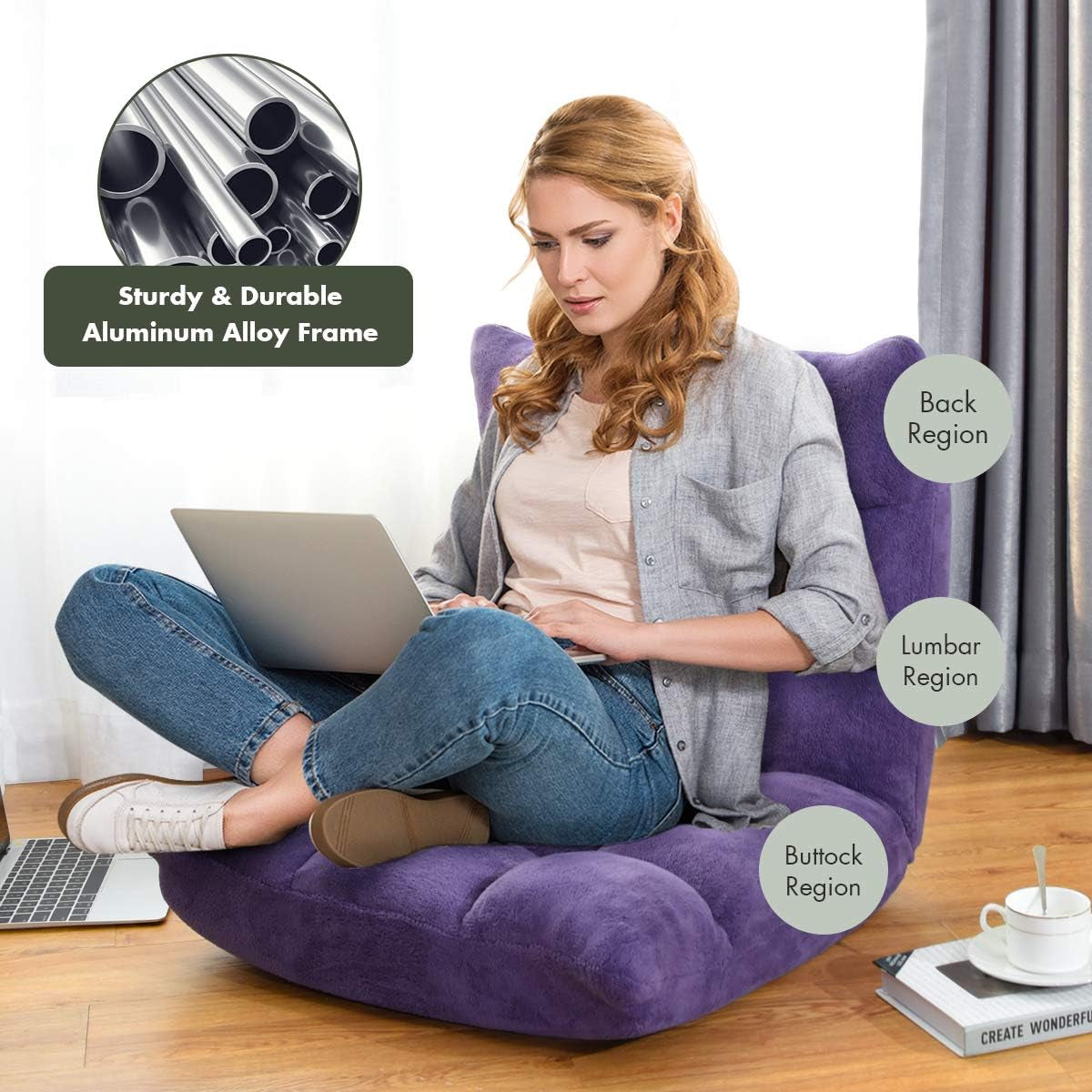 Adjustable Aluminum Lounge Chair, Tender Violet, Foam and Coral Fleece Upholstery, 14 Positions, 35.5"W X 29"D X 31"H