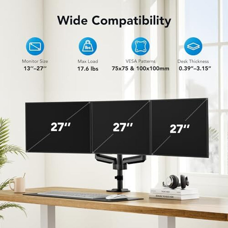Triple Monitor Mount for 13-27 Inch Computer Screens, Triple Monitor Stand