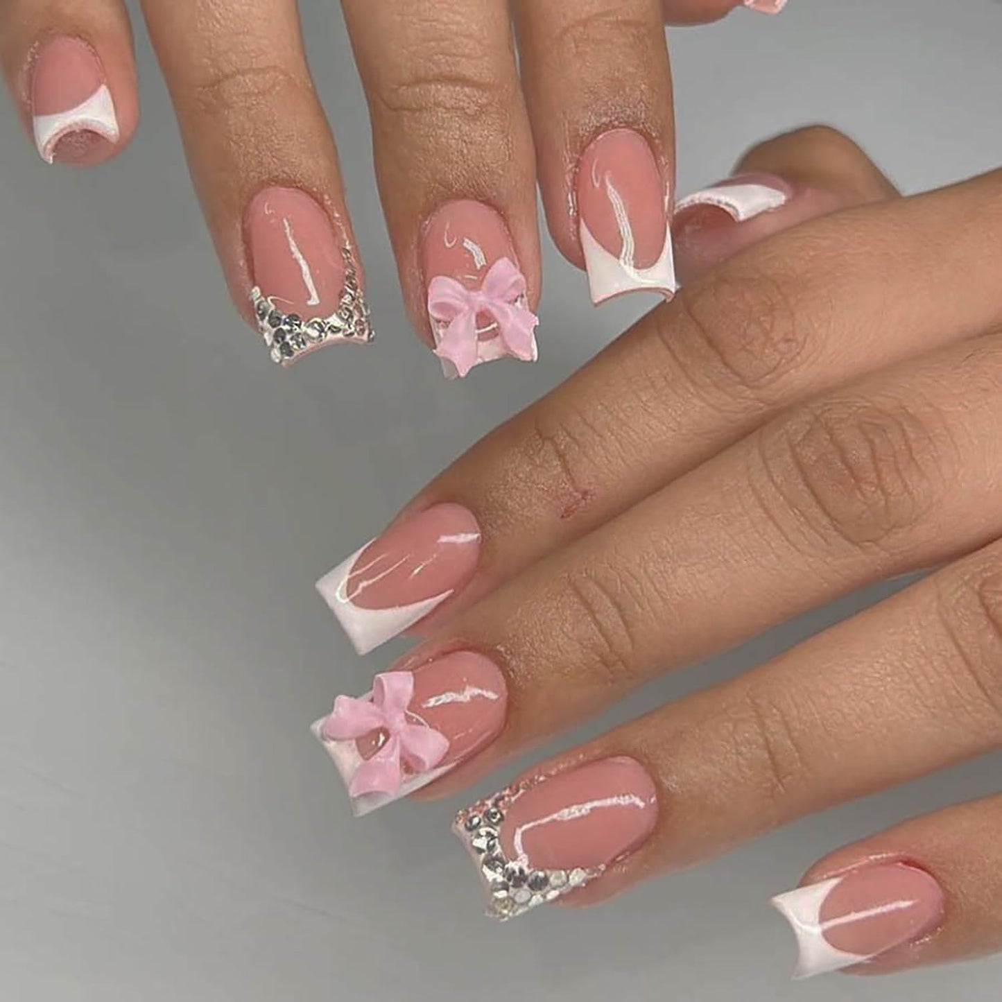 24Pcs Pink Press on Nails Short Square Fake Nails French Tip Press Ons with Flower Bow Charms Design Acrylic False Nails Glitter Rhinestone Glue on Nails Glossy Artificial Stick on Nails Kit for Women