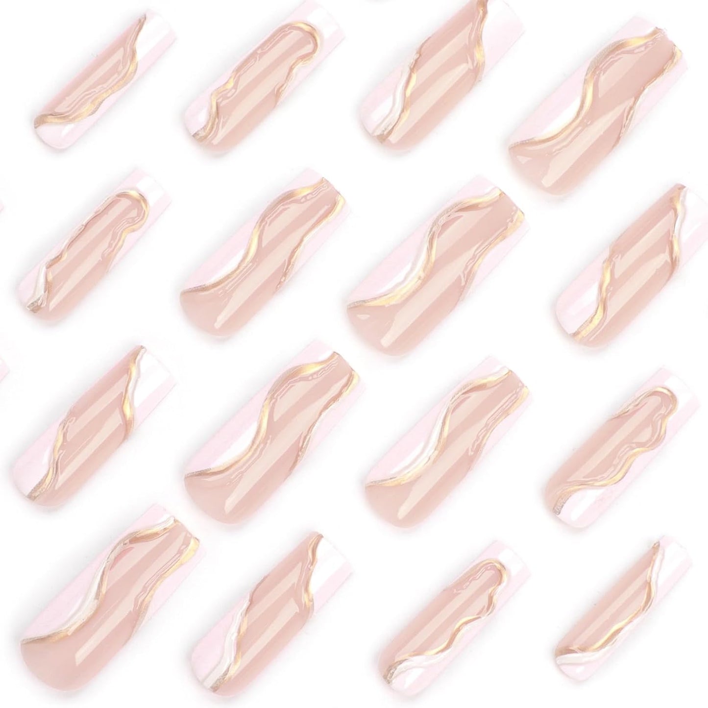 Press on Nails Extra Long - Aegenacess Square Press on Nails with 3D Gold Swirls, White and Nude Fake Nails with Glue Sticker, Handmade Stick on Nails False Nail in 12 Sizes, 24Pcs