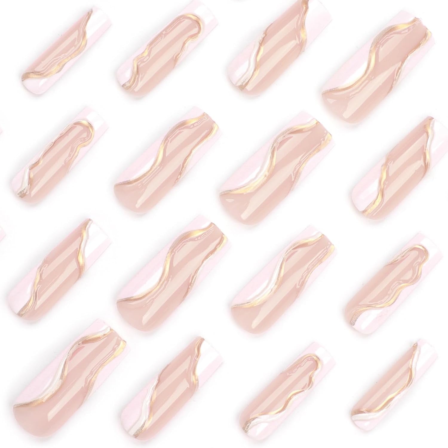Press on Nails Extra Long - Aegenacess Square Press on Nails with 3D Gold Swirls, White and Nude Fake Nails with Glue Sticker, Handmade Stick on Nails False Nail in 12 Sizes, 24Pcs