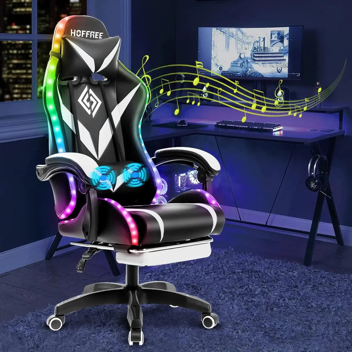 Gaming Chair Massage with Bluetooth Speakers and Led Lights Ergonomic Computer Gaming Chair with Footrest RGB Video Game