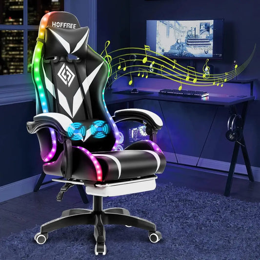 Gaming Chair Massage with Bluetooth Speakers and Led Lights Ergonomic Computer Gaming Chair with Footrest RGB Video Game