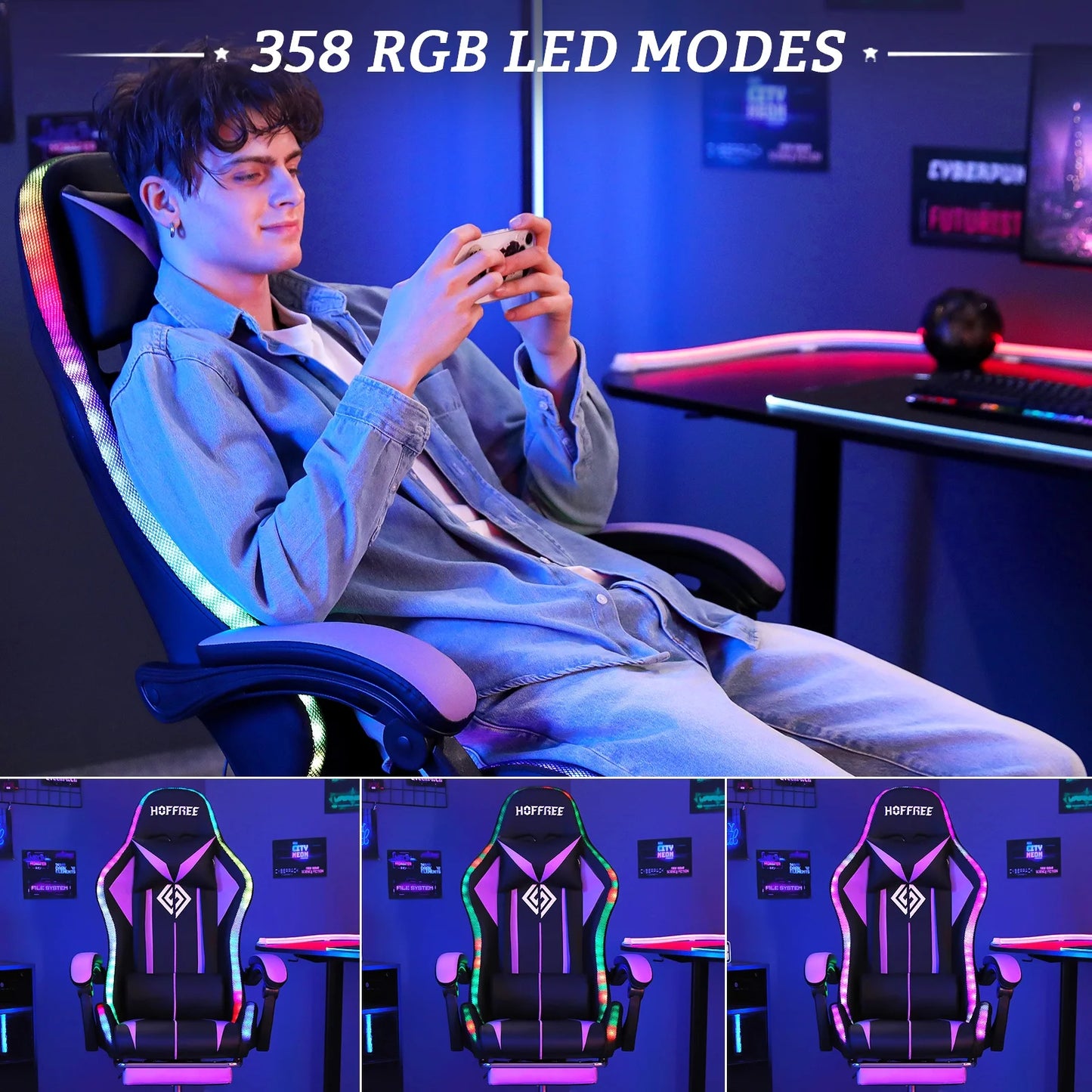 Gaming Chair with Massage PU Leather Office Chair with Footrest and LED Light Ergonomic Gamer Chair Lumbar Support Adjustable Headrest High Back Computer Chair for Home Office