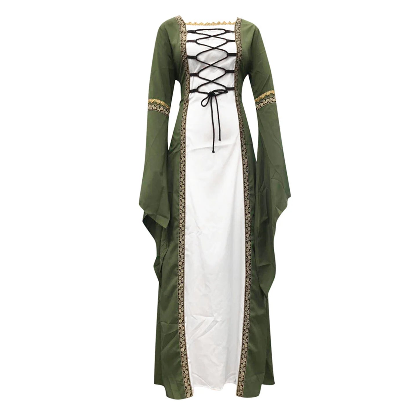 Chemise Renaissance Dress for Women Flared Sleeve Gothic Gowns with Lace up Bandage Medieval Contrast Color Dress