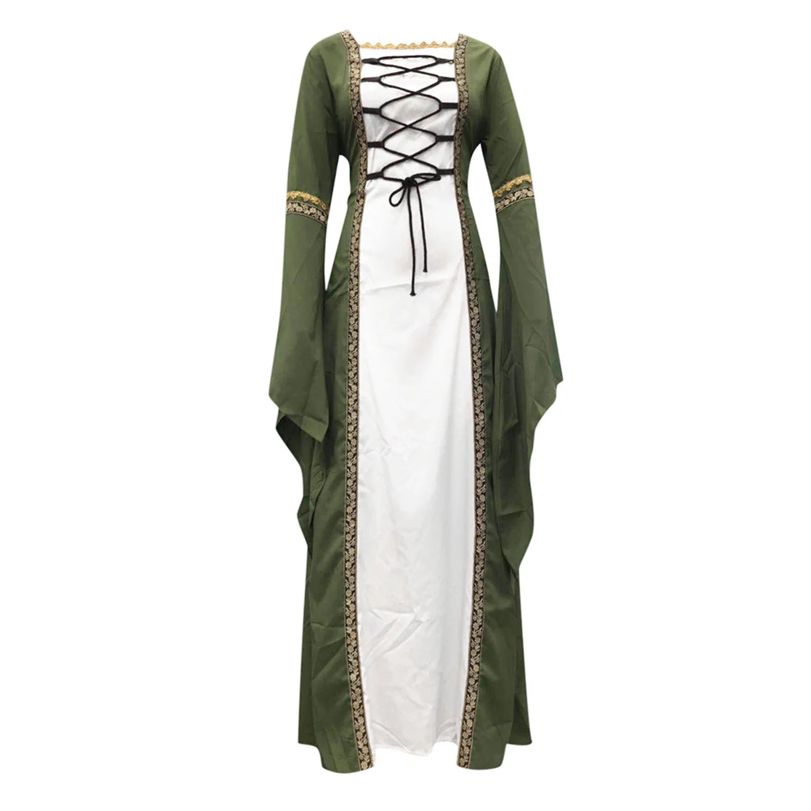 Chemise Renaissance Dress for Women Flared Sleeve Gothic Gowns with Lace up Bandage Medieval Contrast Color Dress