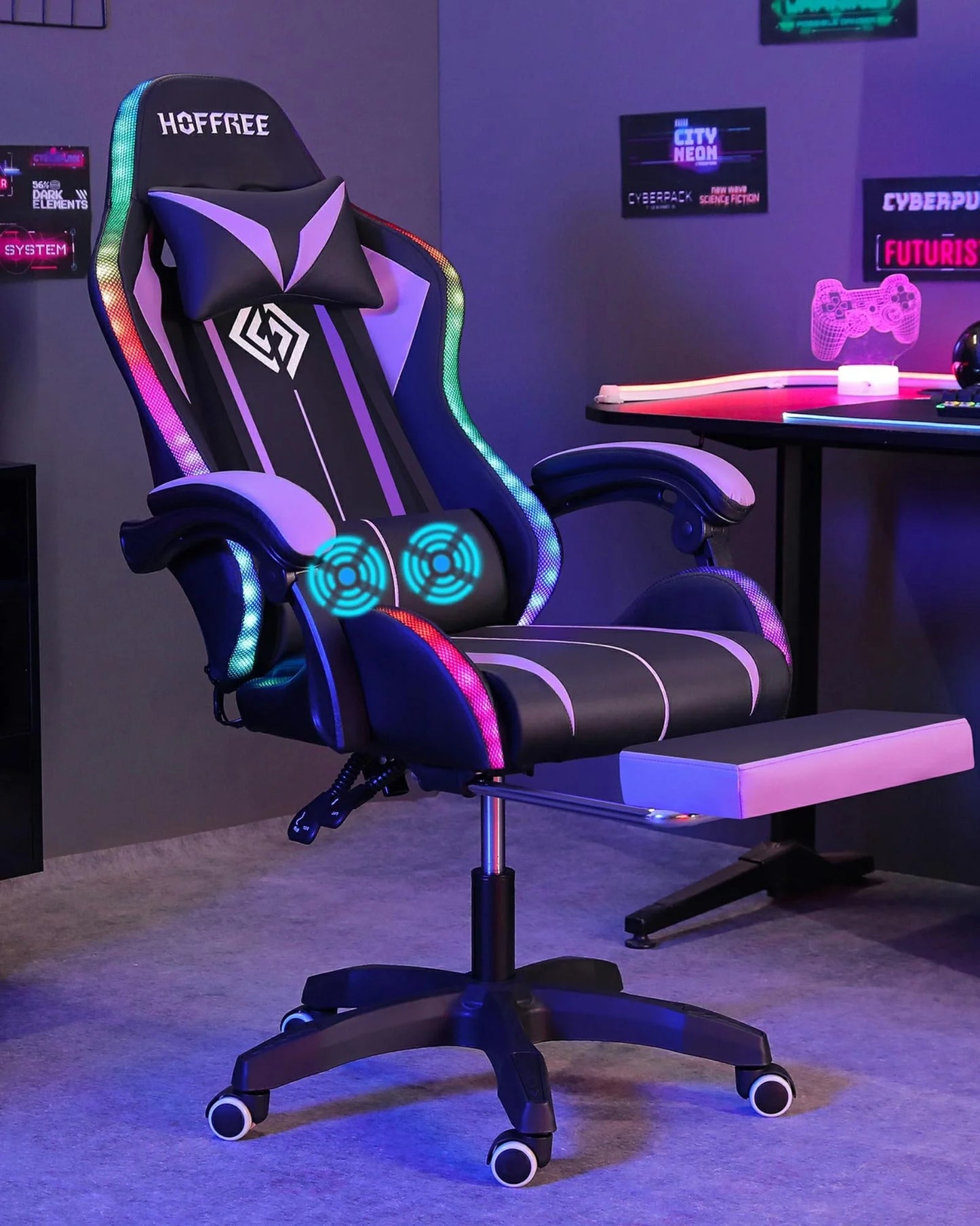 Gaming Chair with Massage PU Leather Office Chair with Footrest and LED Light Ergonomic Gamer Chair Lumbar Support Adjustable Headrest High Back Computer Chair for Home Office