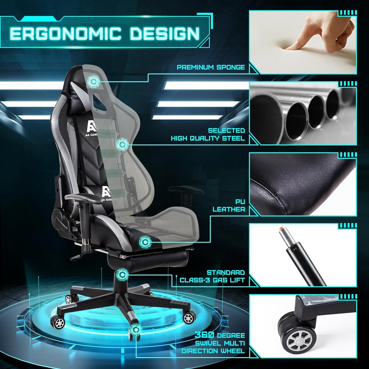 AA Products Gaming Chair High Back Ergonomic Computer Racing Chair Adjustable Office Chair with Footrest, Lumbar Support Swivel Chair - Grey
