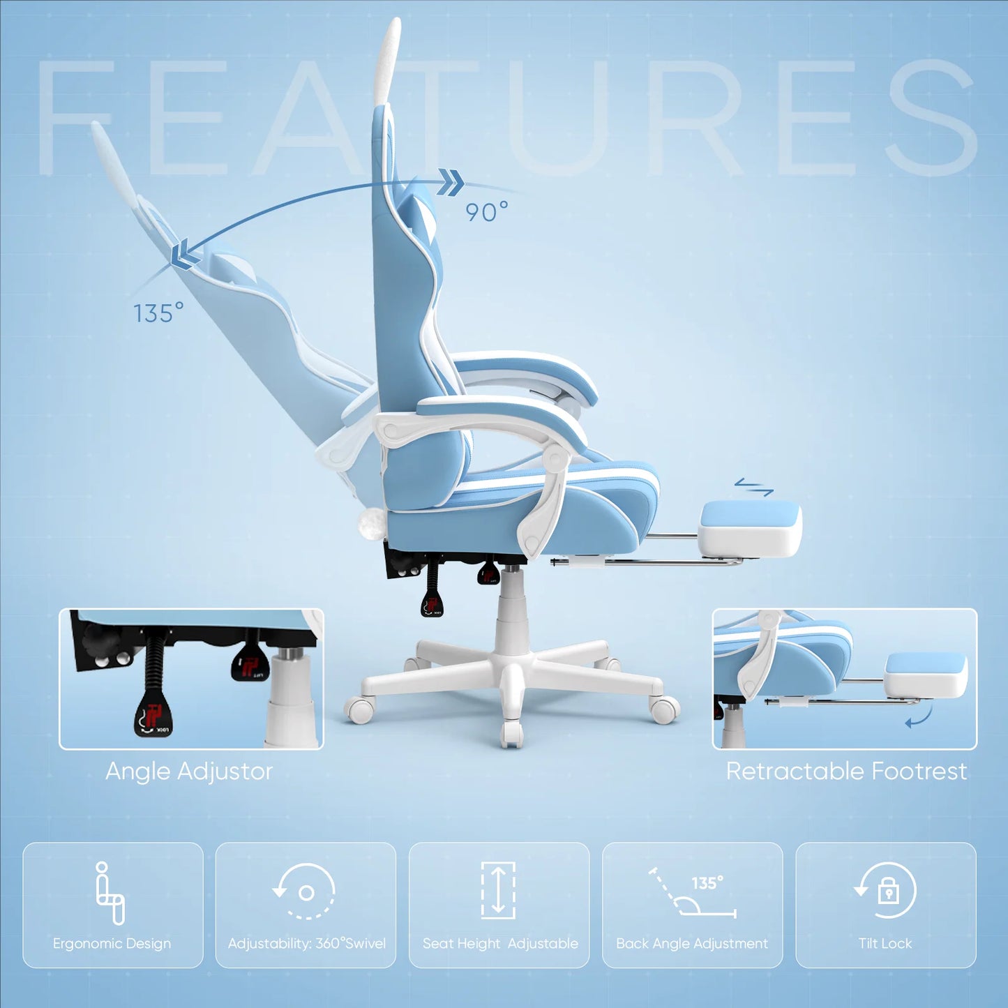 Blue Gaming Chair S Girls, Ergonomic Game Gamer Chair with Massage Lumbar Pillow & Adjustable Bunny Ear Headrest, High Back Office Computer Light Blue