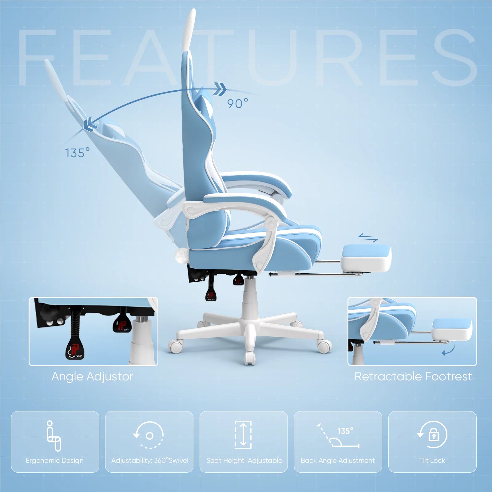 Blue Gaming Chair S Girls, Ergonomic Game Gamer Chair with Massage Lumbar Pillow & Adjustable Bunny Ear Headrest, High Back Office Computer Light Blue
