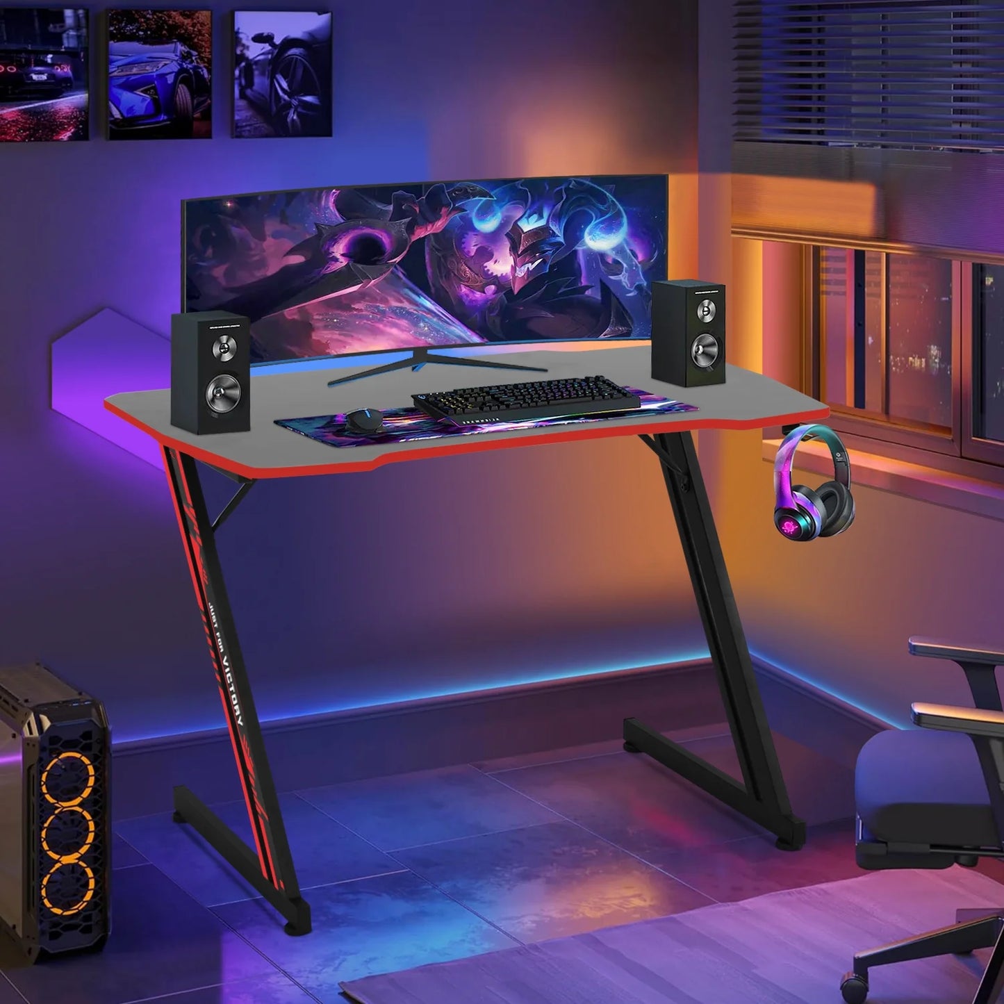 47 Inch Z-Shaped Gaming Desk, PC Computer Table Home Office Desk Ergonomic Gamer Workstation with Headphone Hook, Blue