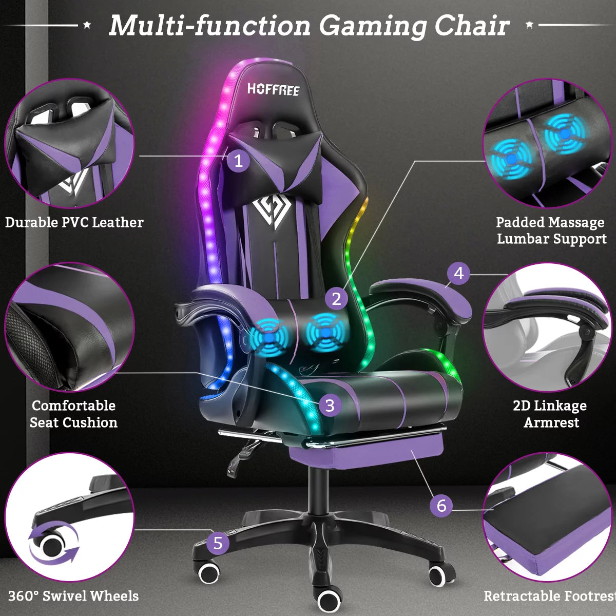 Gaming Chair with Massage PU Leather Office Chair with Footrest and LED Light Ergonomic Gamer Chair Lumbar Support Adjustable Headrest High Back Computer Chair for Home Office