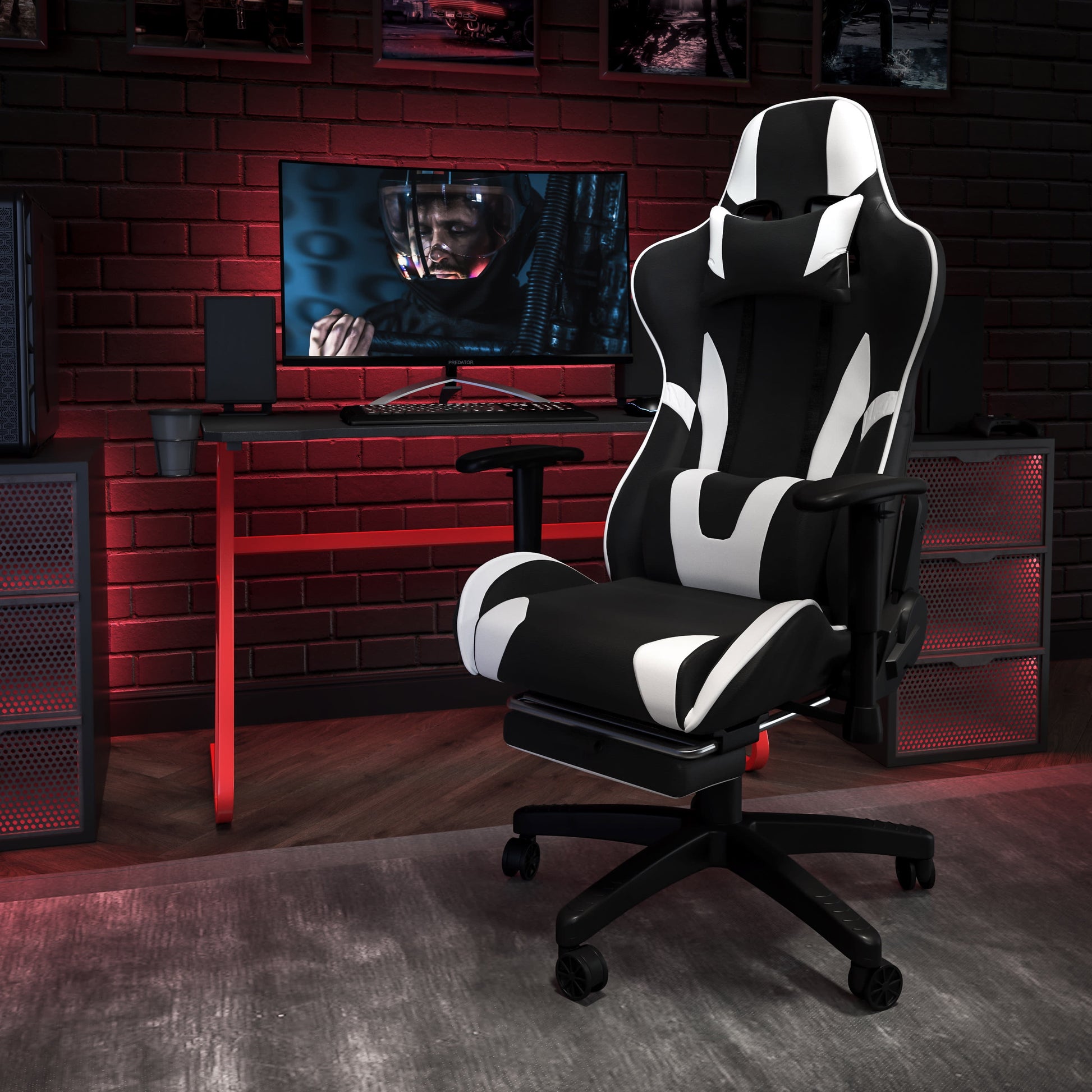 Optis Red Gaming Desk and Black Footrest Reclining Gaming Chair Set with Cup Holder and Headphone Hook