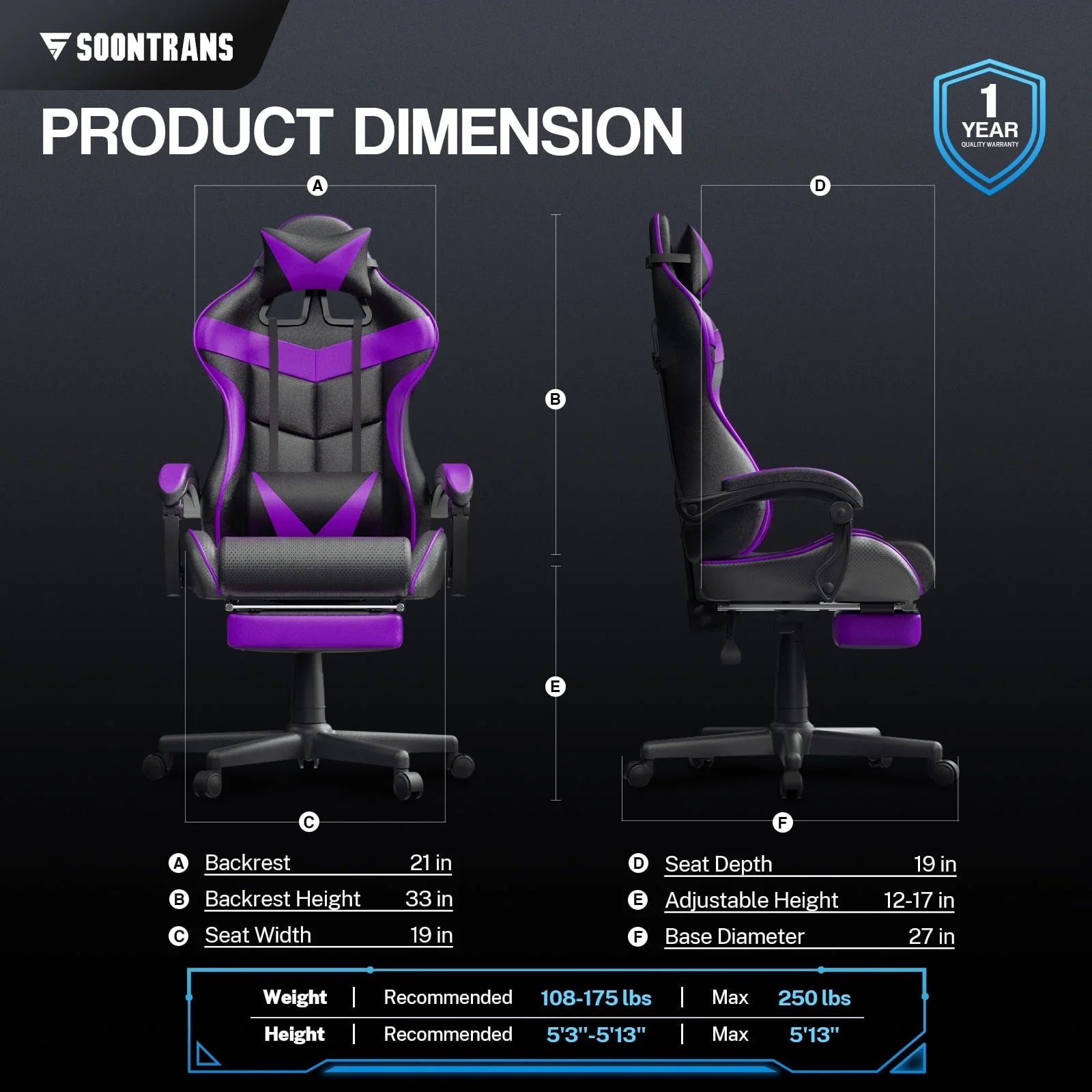 Gaming Chair Office Chair with Footrest, Computer Chair with Massage Lumber Pillow, High Back Ergonomic Gamer Chairs, Swivel Game Desk Chair, Purple