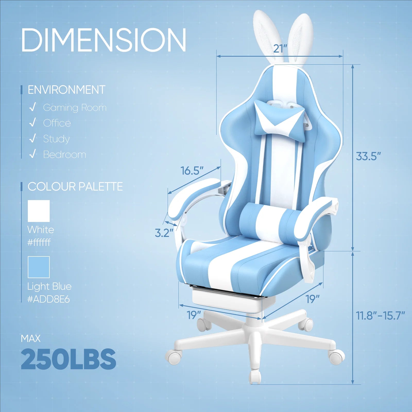 Blue Gaming Chair S Girls, Ergonomic Game Gamer Chair with Massage Lumbar Pillow & Adjustable Bunny Ear Headrest, High Back Office Computer Light Blue