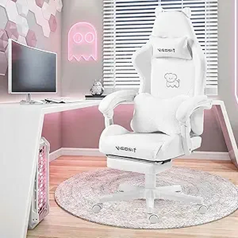 Gaming Chair Cute with Ears and Kawaii Cushion, Ergonomic Computer Game Chair for Girl with Lumbar Support and Footrest, Comfort