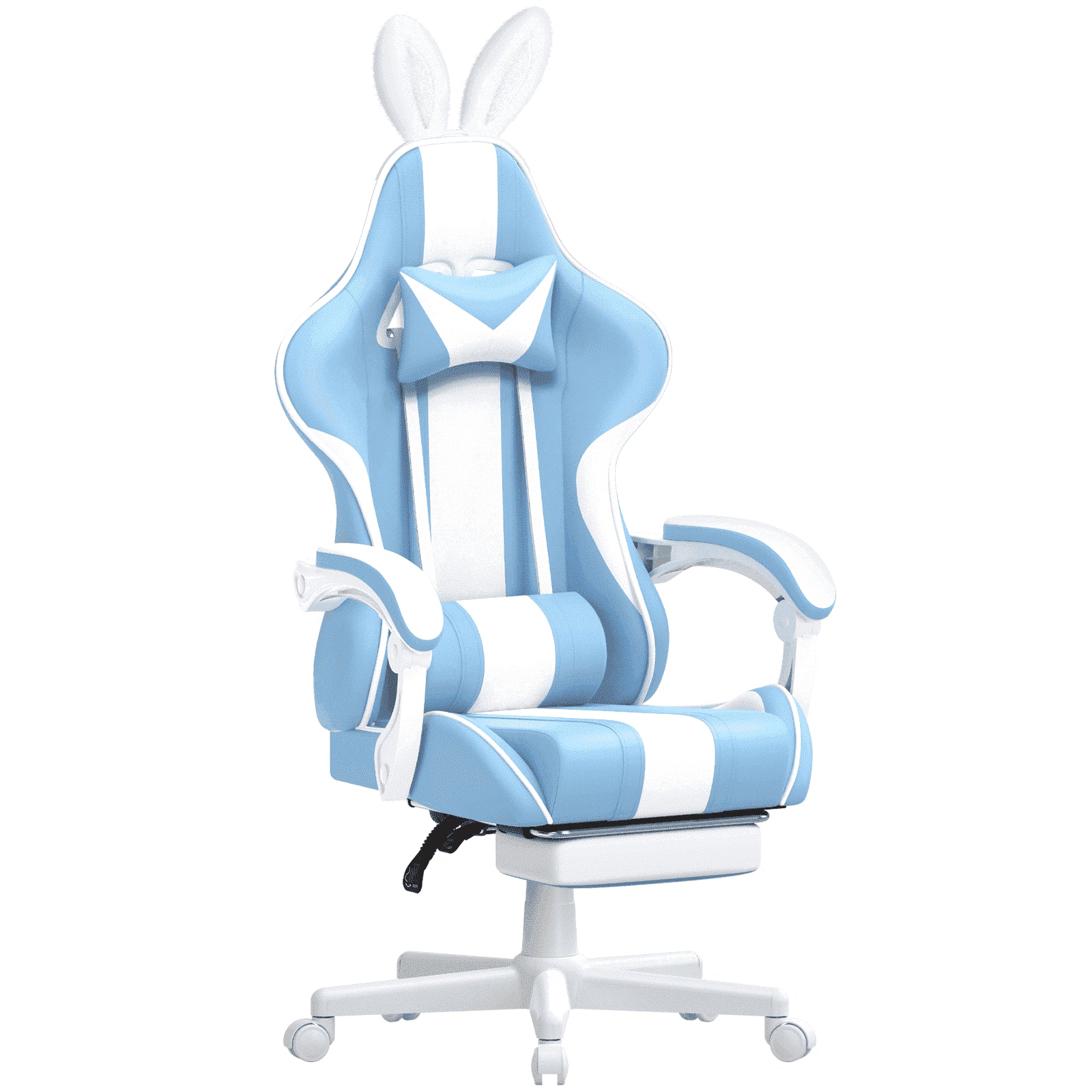 Blue Gaming Chair S Girls, Ergonomic Game Gamer Chair with Massage Lumbar Pillow & Adjustable Bunny Ear Headrest, High Back Office Computer Light Blue