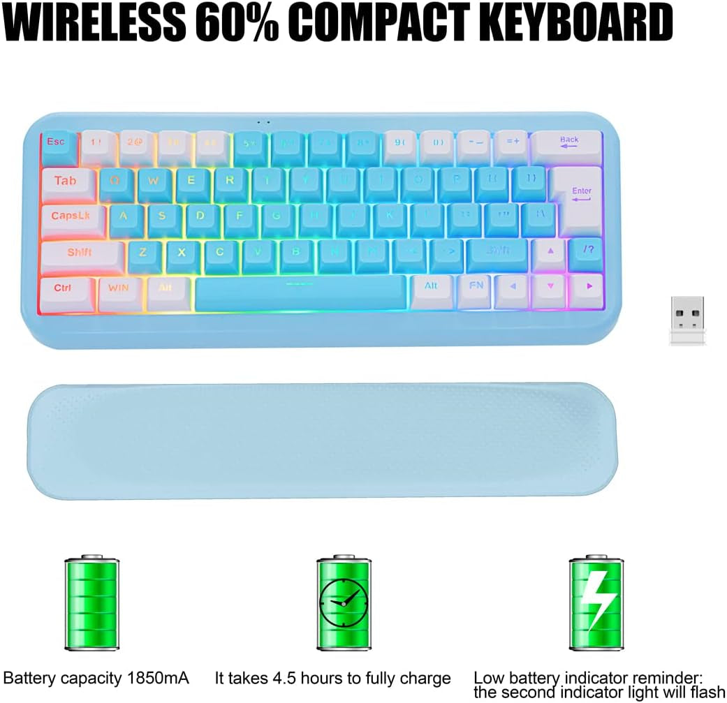 7KEYS 60% 2.4G Wireless Gaming Keyboard with Wrist Rest, Compact 63 Keys Mini RGB Light up Keyboard for PC Mac Laptop, Portable, Rechargeable Quiet for Typing and Gaming (Blue&White)