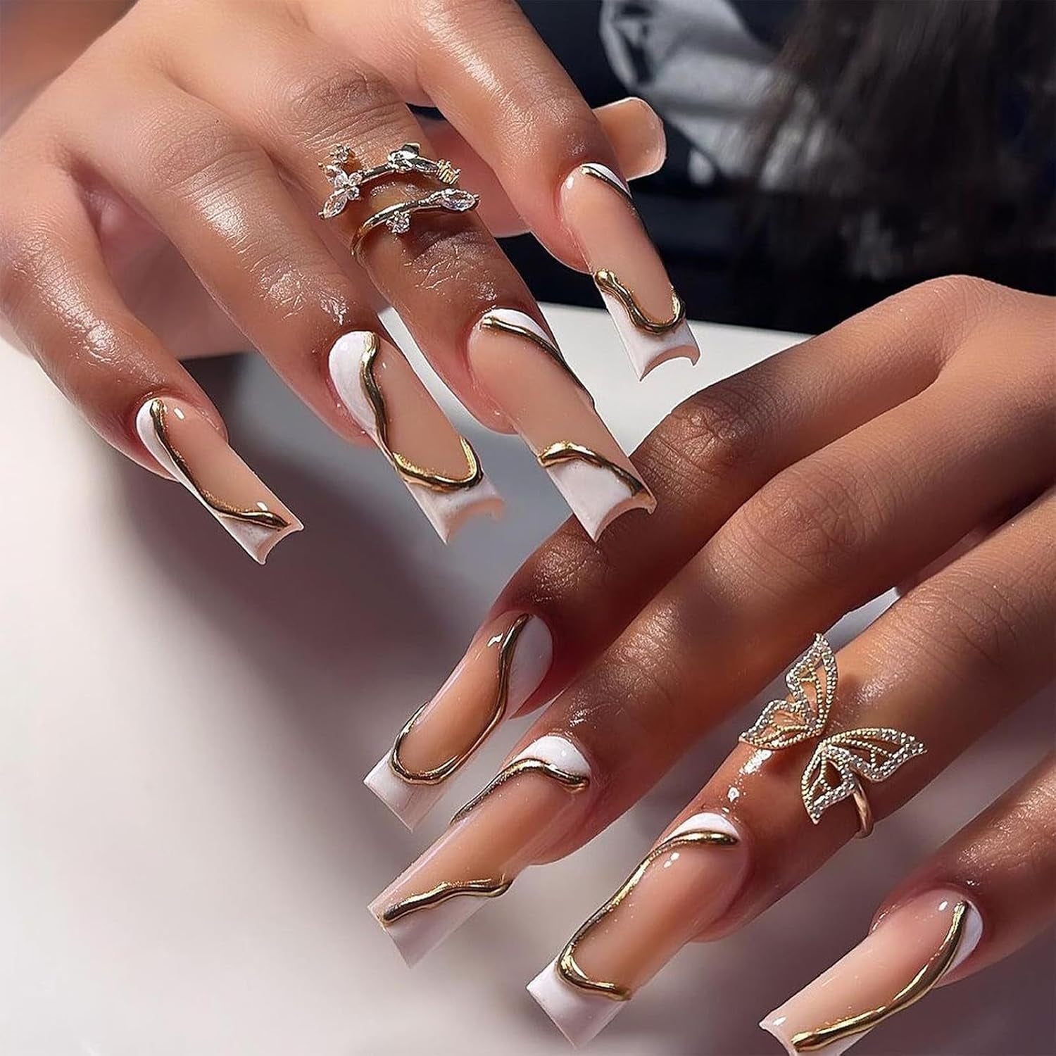Press on Nails Extra Long - Aegenacess Square Press on Nails with 3D Gold Swirls, White and Nude Fake Nails with Glue Sticker, Handmade Stick on Nails False Nail in 12 Sizes, 24Pcs