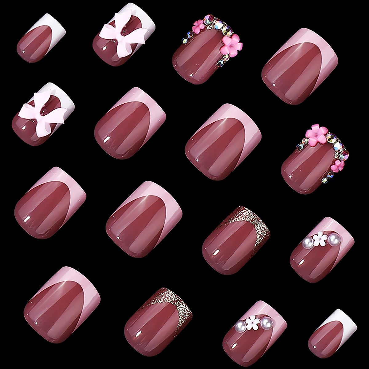 24Pcs Pink Press on Nails Short Square Fake Nails French Tip Press Ons with Flower Bow Charms Design Acrylic False Nails Glitter Rhinestone Glue on Nails Glossy Artificial Stick on Nails Kit for Women