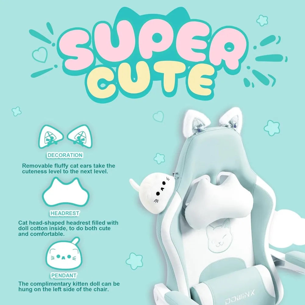 Gaming Chair Cute with Cat Ears and Massage Lumbar Support, Ergonomic Computer Chair for Girl with Footrest and Headrest