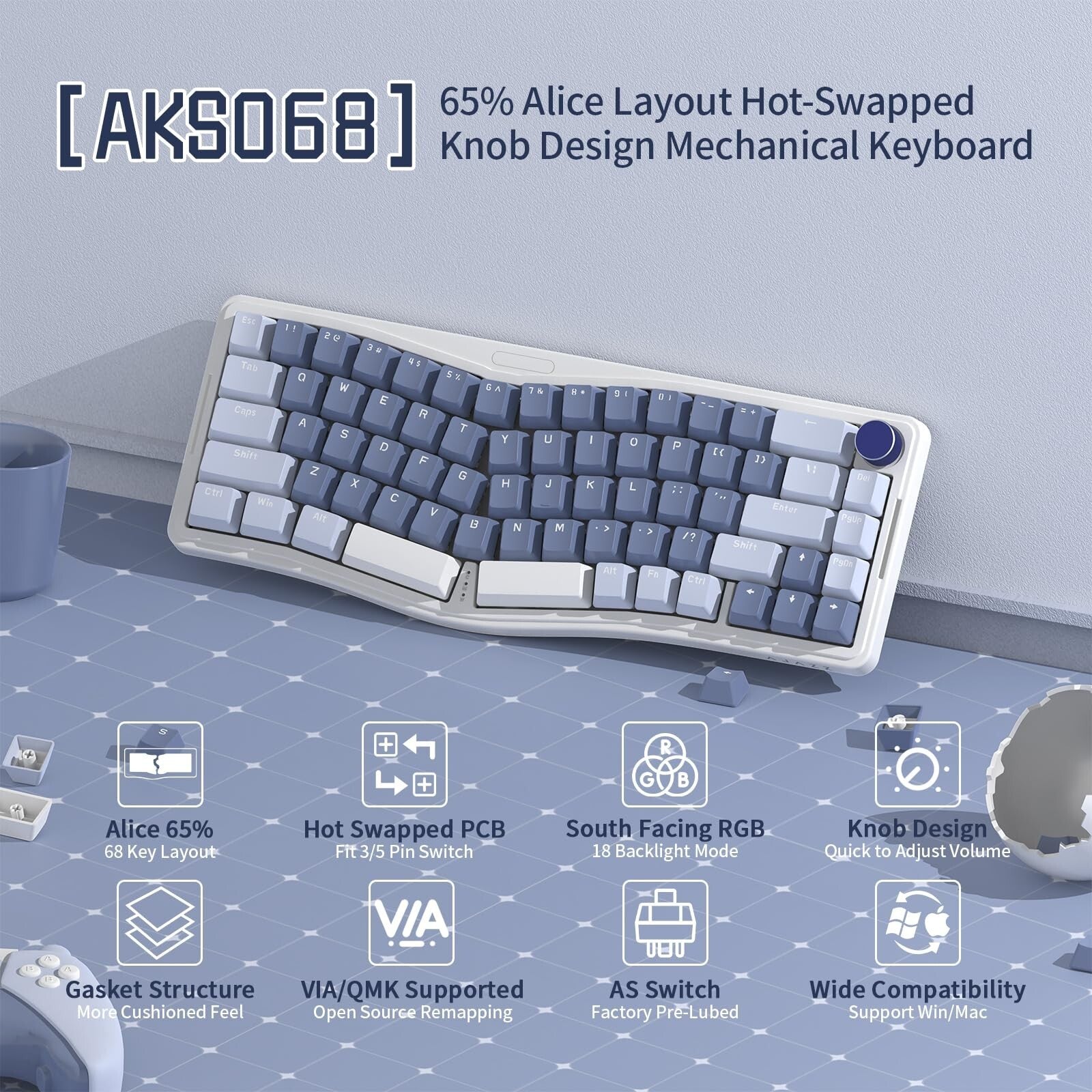 AKS068 Wired Mechanical Gaming Keyboard 65% Alice Layout Hot-Swapped Gasket M...