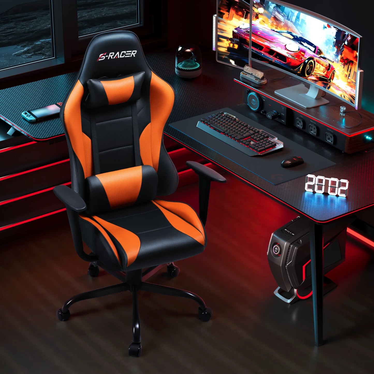 Gaming Chair Office Chair High Back Racing Computer Chair PU Leather Adjustable Seat Height Swivel Chair Ergonomic Executive Chair with Headrest, Orange