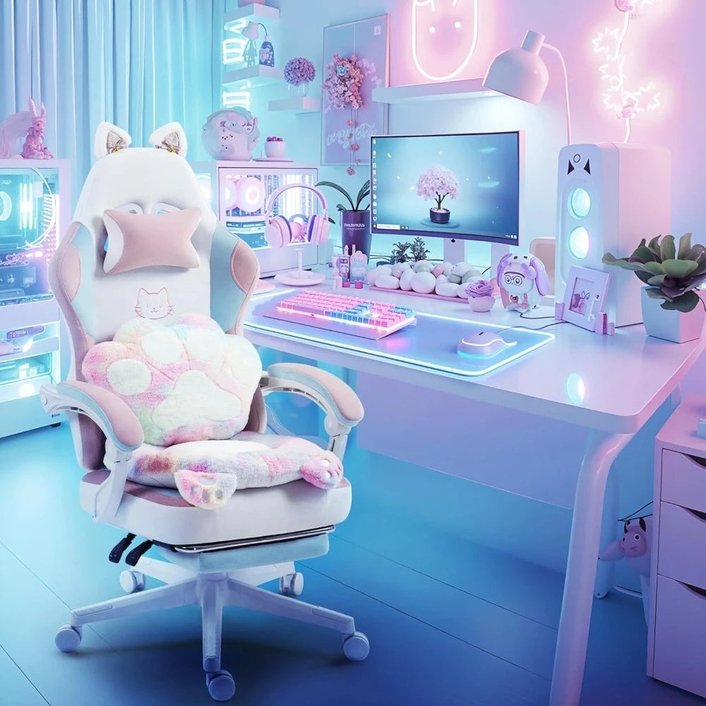 Gaming Chair Cute with Cat Ears Paw Lumbar and Cushion,Ergonomic Computer Chair with Footrest,Reclining PC Game Chair for Girl