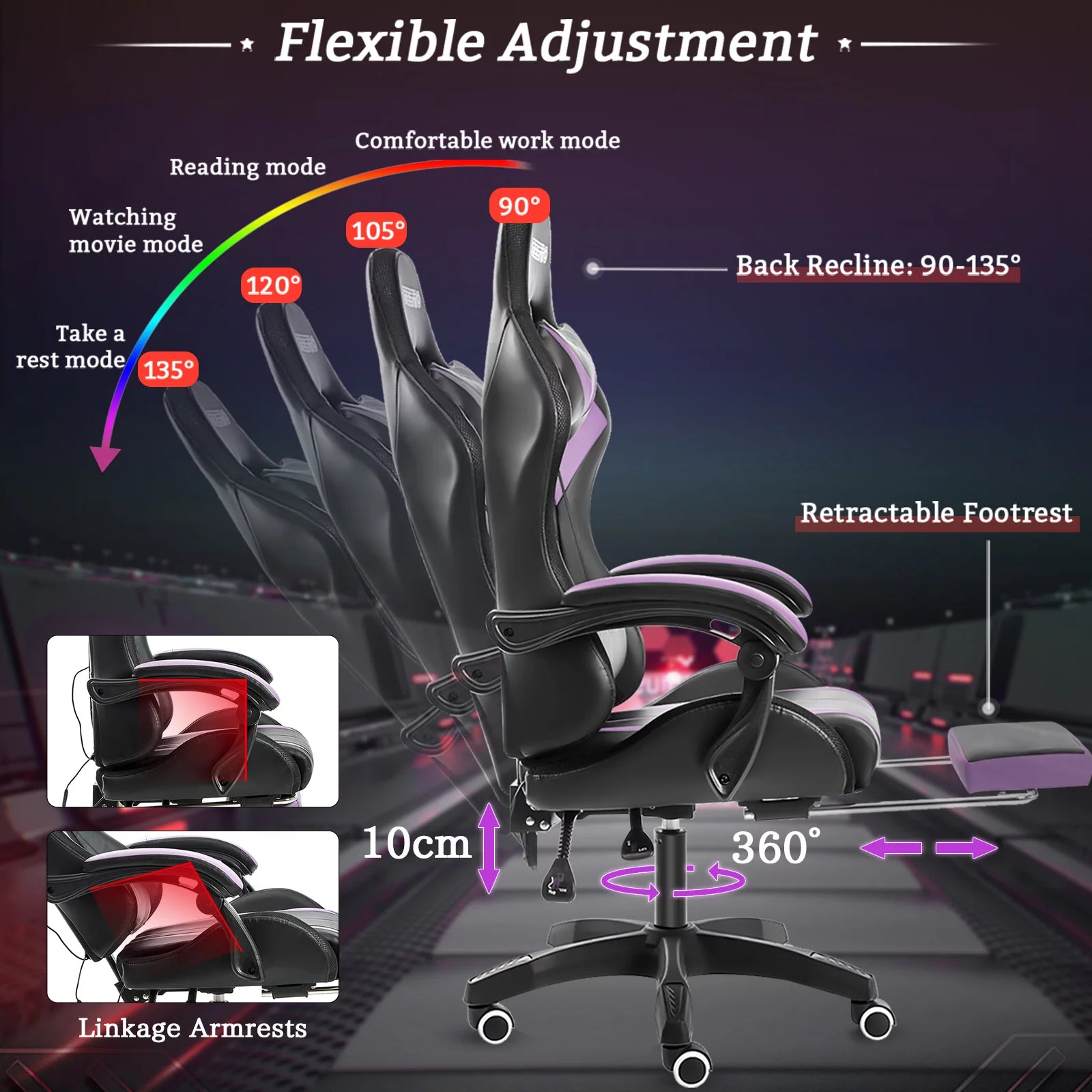 Gaming Chair with Massage PU Leather Office Chair with Footrest and LED Light Ergonomic Gamer Chair Lumbar Support Adjustable Headrest High Back Computer Chair for Home Office