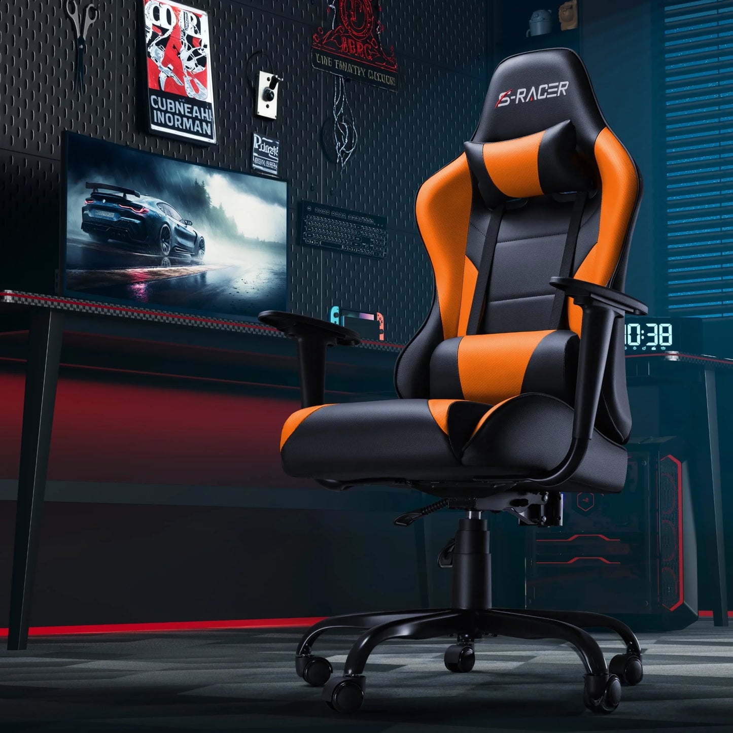Gaming Chair Office Chair High Back Racing Computer Chair PU Leather Adjustable Seat Height Swivel Chair Ergonomic Executive Chair with Headrest, Orange