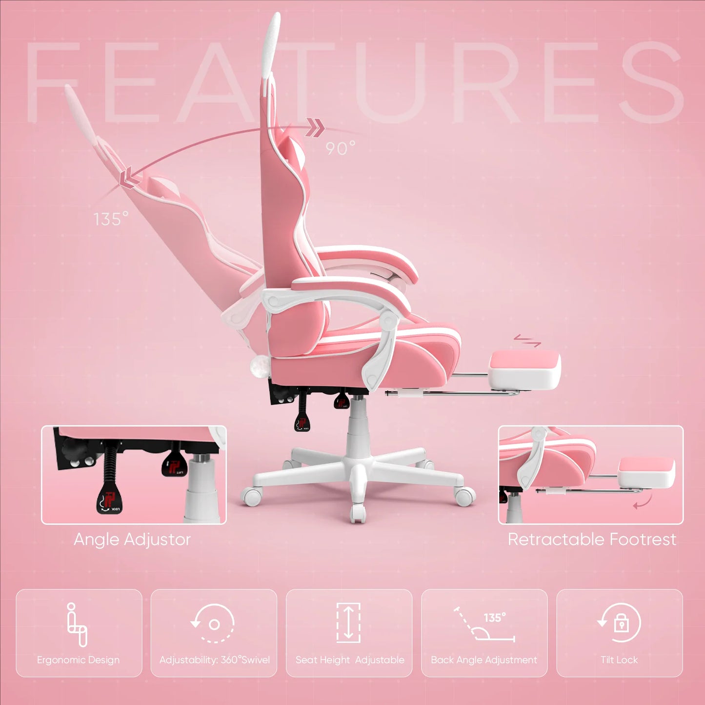 Pink Gaming Chair with Footrest, Girls Ergonomic Game Gamer Chair with Massage Lumbar Pillow & Adjustable Bunny Ear Headrest for Adults S, High Back Office Computer Light Pink