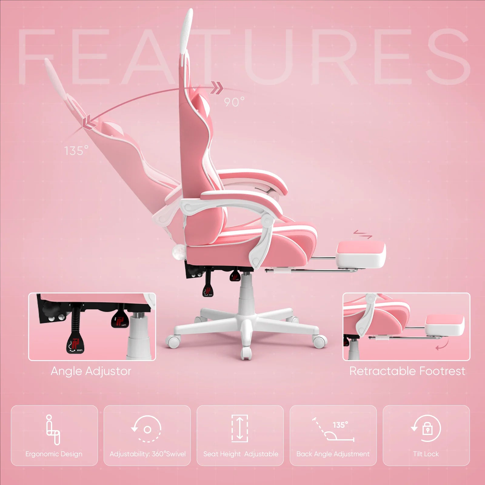 Pink Gaming Chair with Footrest, Girls Ergonomic Game Gamer Chair with Massage Lumbar Pillow & Adjustable Bunny Ear Headrest for Adults S, High Back Office Computer Light Pink