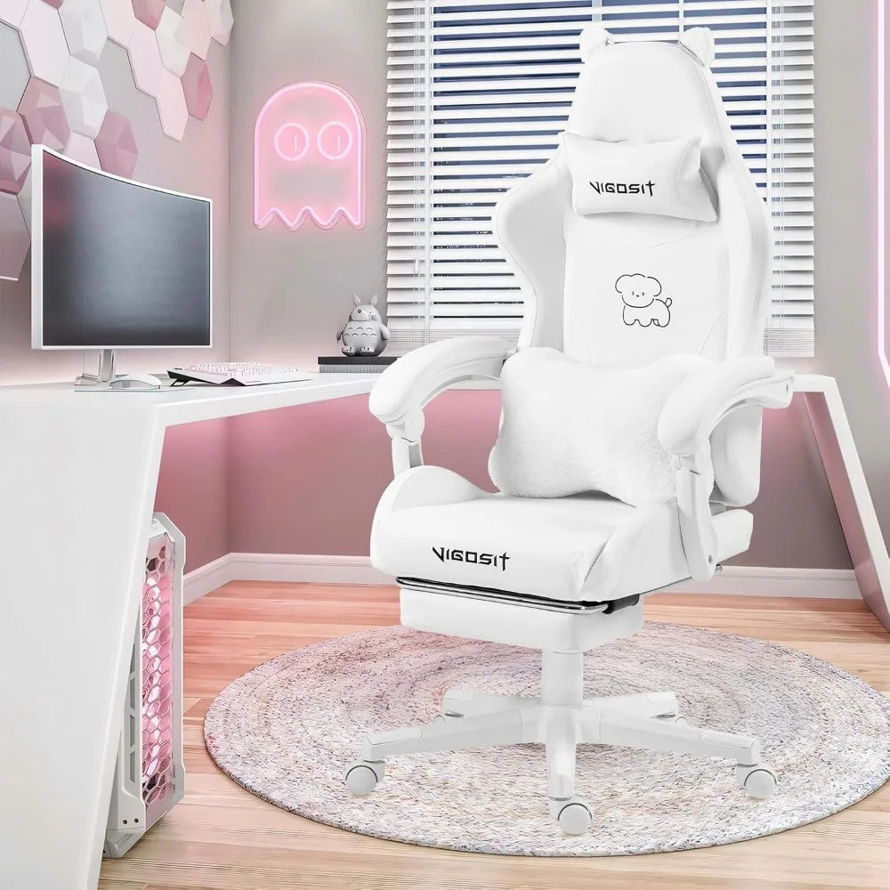 Gaming Chair Cute with Ears and Kawaii Cushion, Ergonomic Computer Game Chair for Girl with Lumbar Support and Footrest, Comfort
