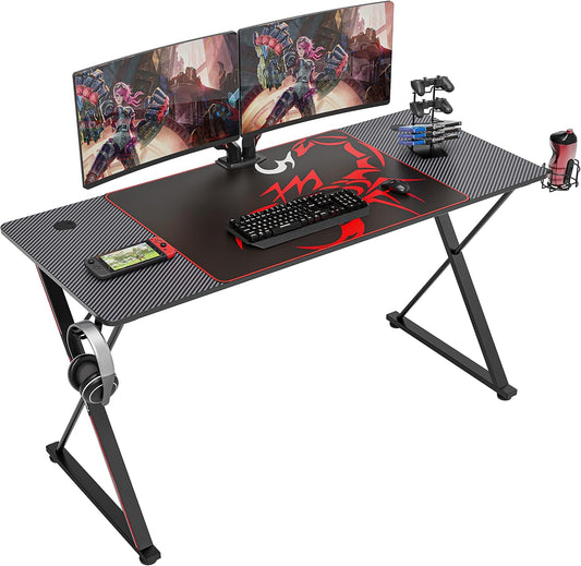 Gaming Desk 55 Inch,Pc Gaming Table, X Shaped Gaming Computer Desk with Mouse Pad, Carbon Fiber Home Office Gamer Desk with Cup Holder & Headphone Hook & Controller Stand,Black