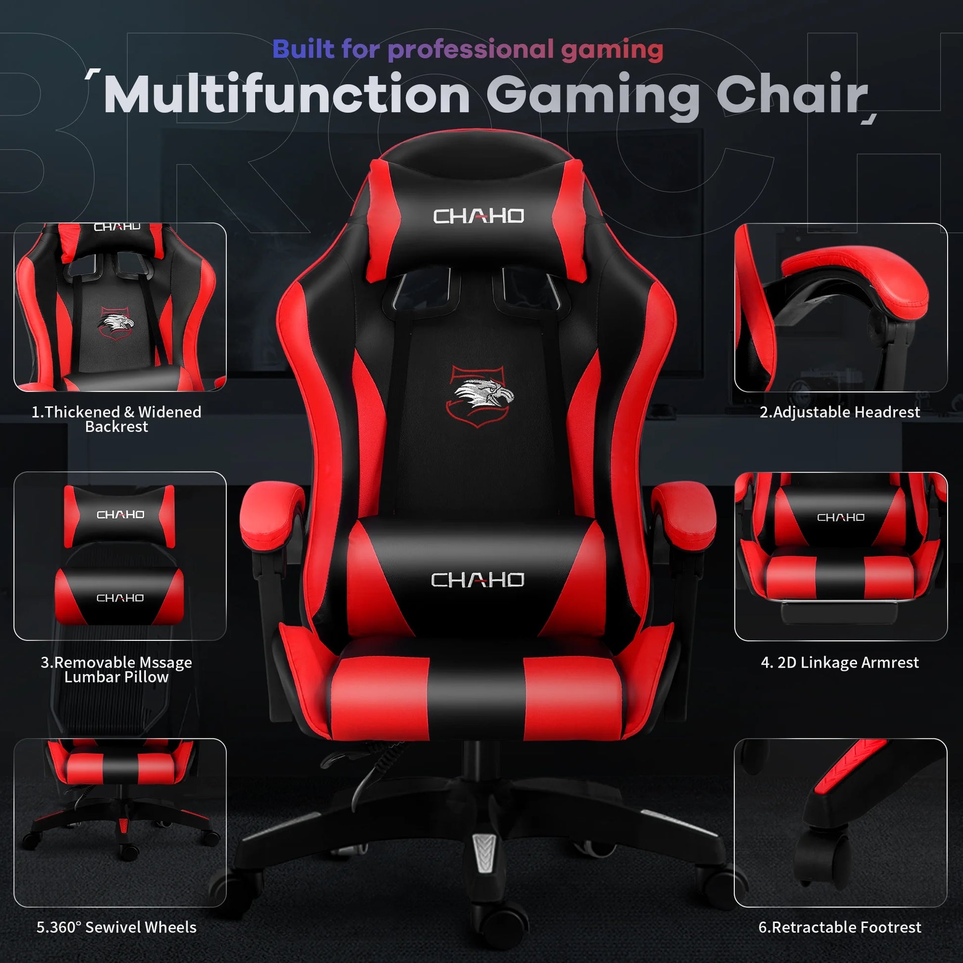 Gaming Chair, CHAHO Ergonomic Office Gaming Chair Computer Racing Chair with Footrest Lumbar Support Headrest and Bluetooth Speakers for Adults, Red