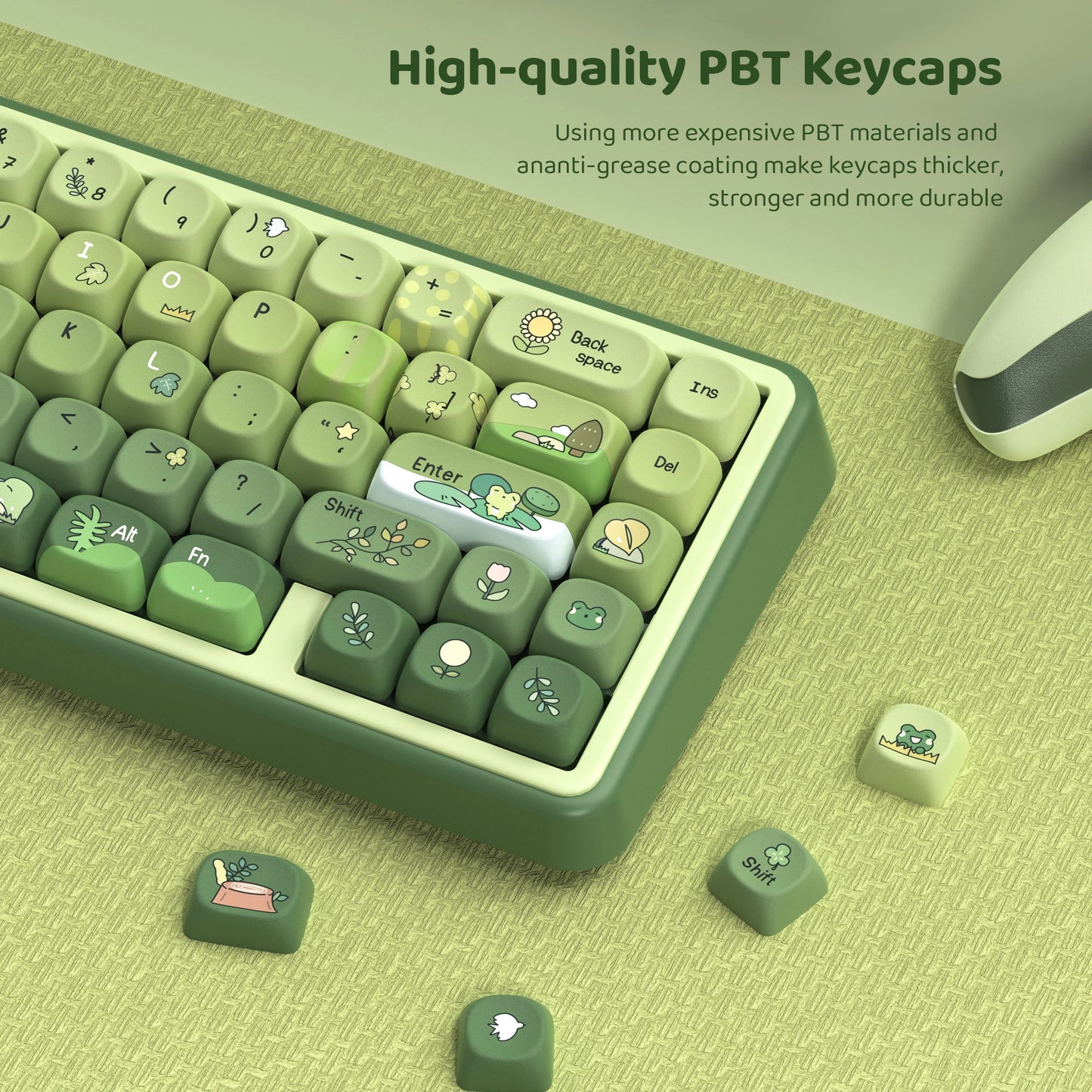 132 Keys Green 5 Sides Dye Sublimation PBT Keycaps Cute MOA Profile Keycaps for Cherry Gateron MX Switches Mechanical Keyboards