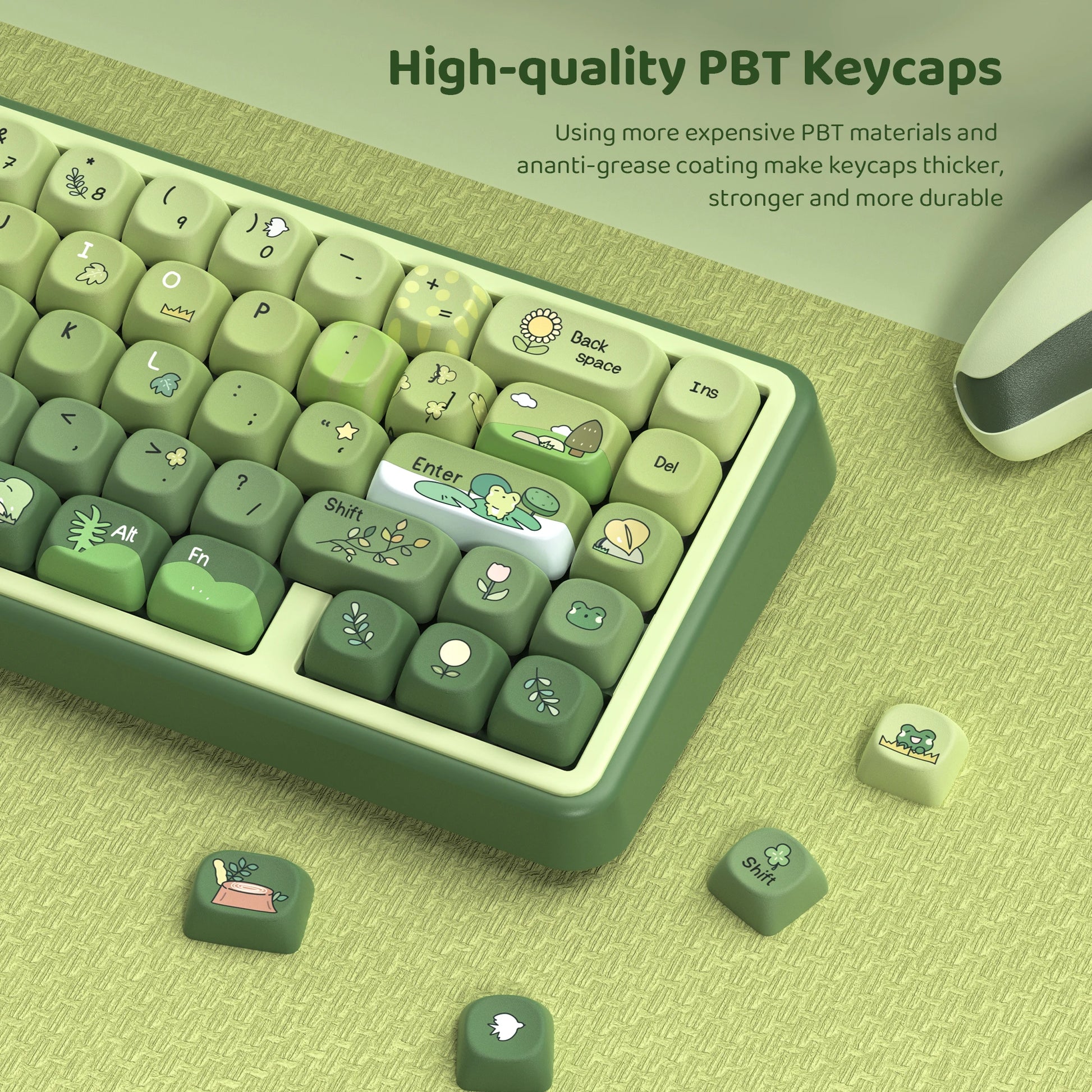 132 Keys Green 5 Sides Dye Sublimation PBT Keycaps Cute MOA Profile Keycaps for Cherry Gateron MX Switches Mechanical Keyboards