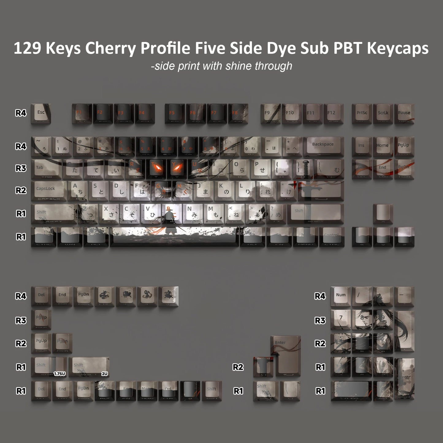 Red Night Side-Lit Shine through Keycaps Dye Sublimation PBT Keycap 129 Keys Cherry Profile for MX Switches Mechanical Keyboard