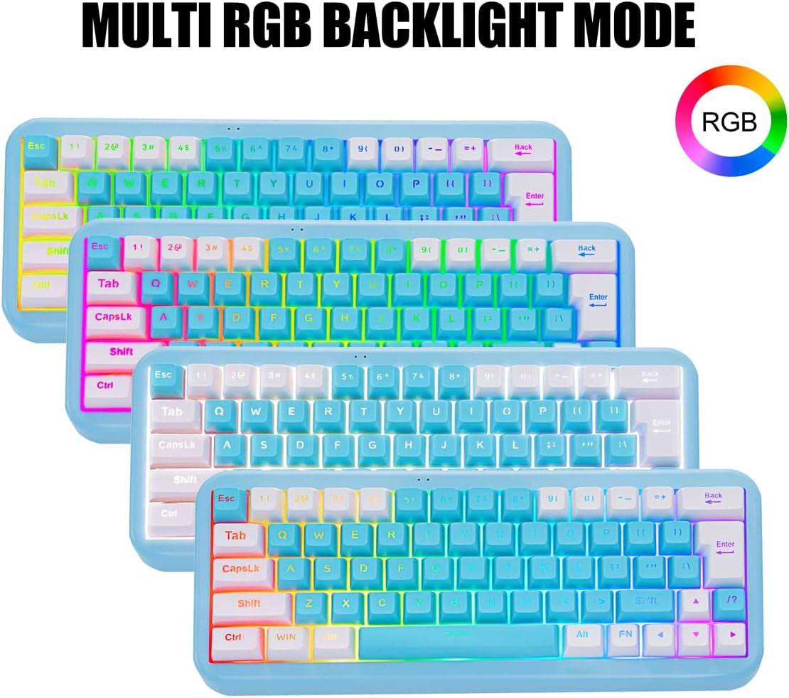 7KEYS 60% 2.4G Wireless Gaming Keyboard with Wrist Rest, Compact 63 Keys Mini RGB Light up Keyboard for PC Mac Laptop, Portable, Rechargeable Quiet for Typing and Gaming (Blue&White)