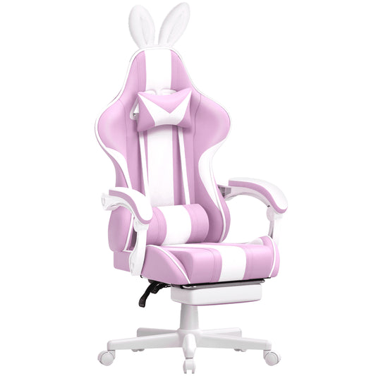 Purple Gaming Chair with Footrest, Ergonomic Game Gamer Chair with Massage Lumbar Pillow & Adjustable Headrest, High Back Office Computer Cute Bunny Ears for Adults S Girls, Light Purple