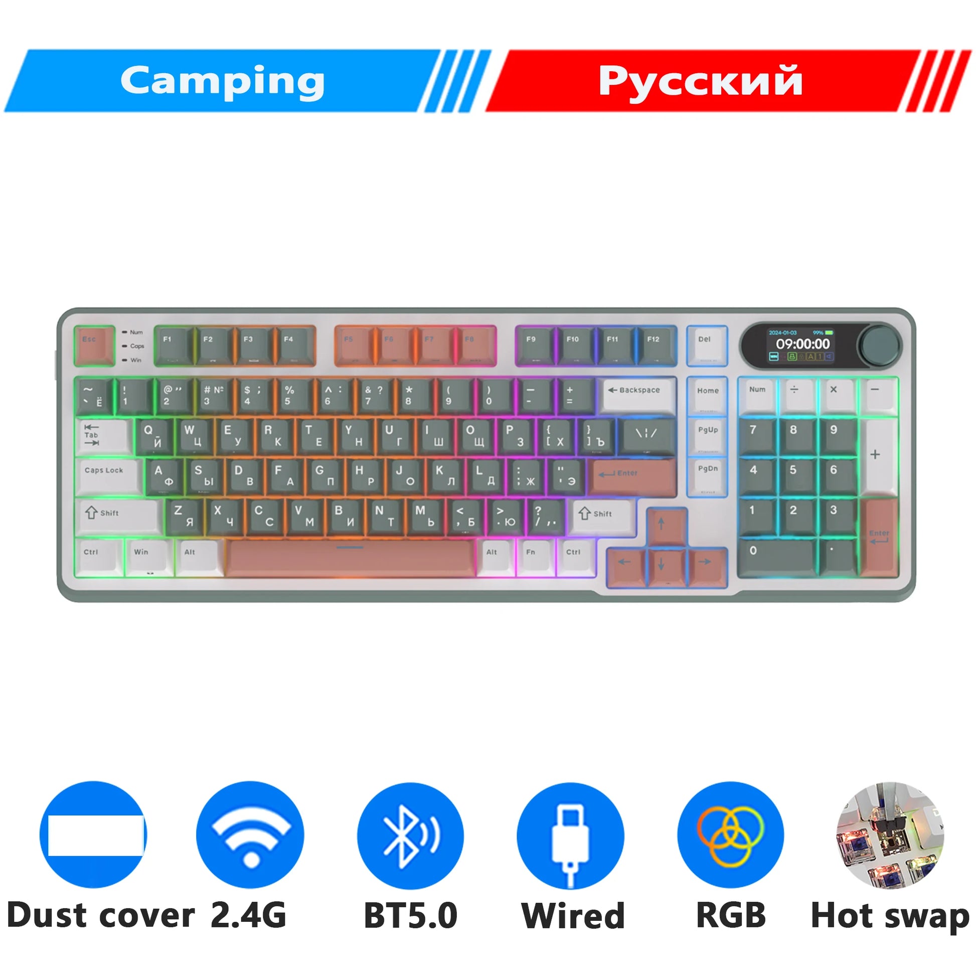 ROYAL KLUDGE S98 Mechanical Keyboard Top Mount TFT Screen 98 Keys RGB BT5.0/2.4G/USB-C Wireless Gamer Keyboard Hot Swappable