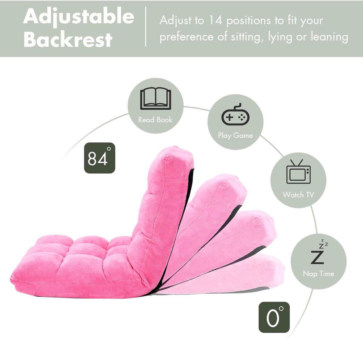 Cushioned Floor Chair, 14-Position Adjustable Padded Lazy Recliner with Comfortable Back Support and Skin-Friendly Cover, Great for Reading, Playing Game, Meditating (Delightful Pink)