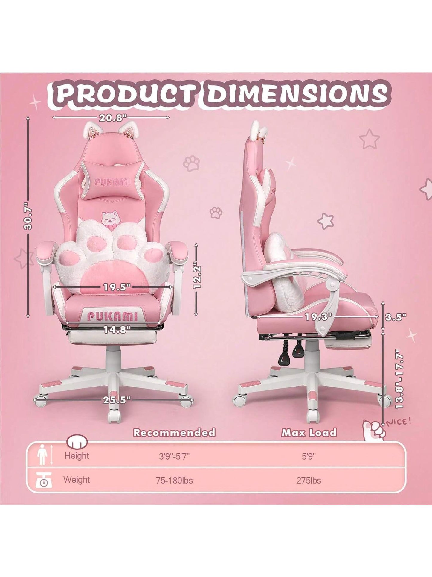 VITESSE Pink Gaming Chair | Cat Ears, Cat Paw Cushion Pillow, Footrest, Ergonomic, Kawaii, Reclining | Girl, Cute Video Gme Chair, Gift for Girls, Christmas Thanksgiving Cyber Monday Gift