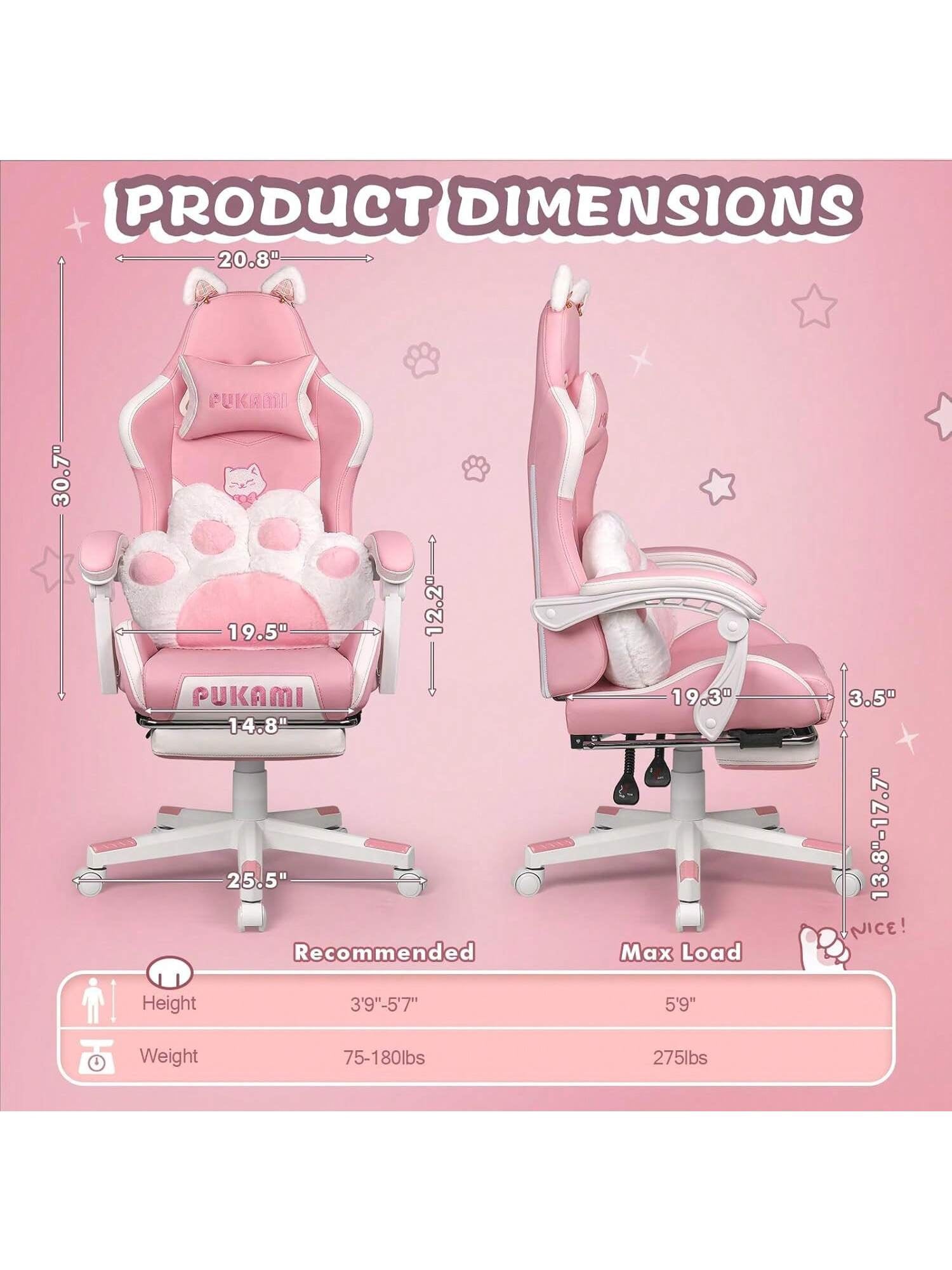 VITESSE Pink Gaming Chair | Cat Ears, Cat Paw Cushion Pillow, Footrest, Ergonomic, Kawaii, Reclining | Girl, Cute Video Gme Chair, Gift for Girls, Christmas Thanksgiving Cyber Monday Gift