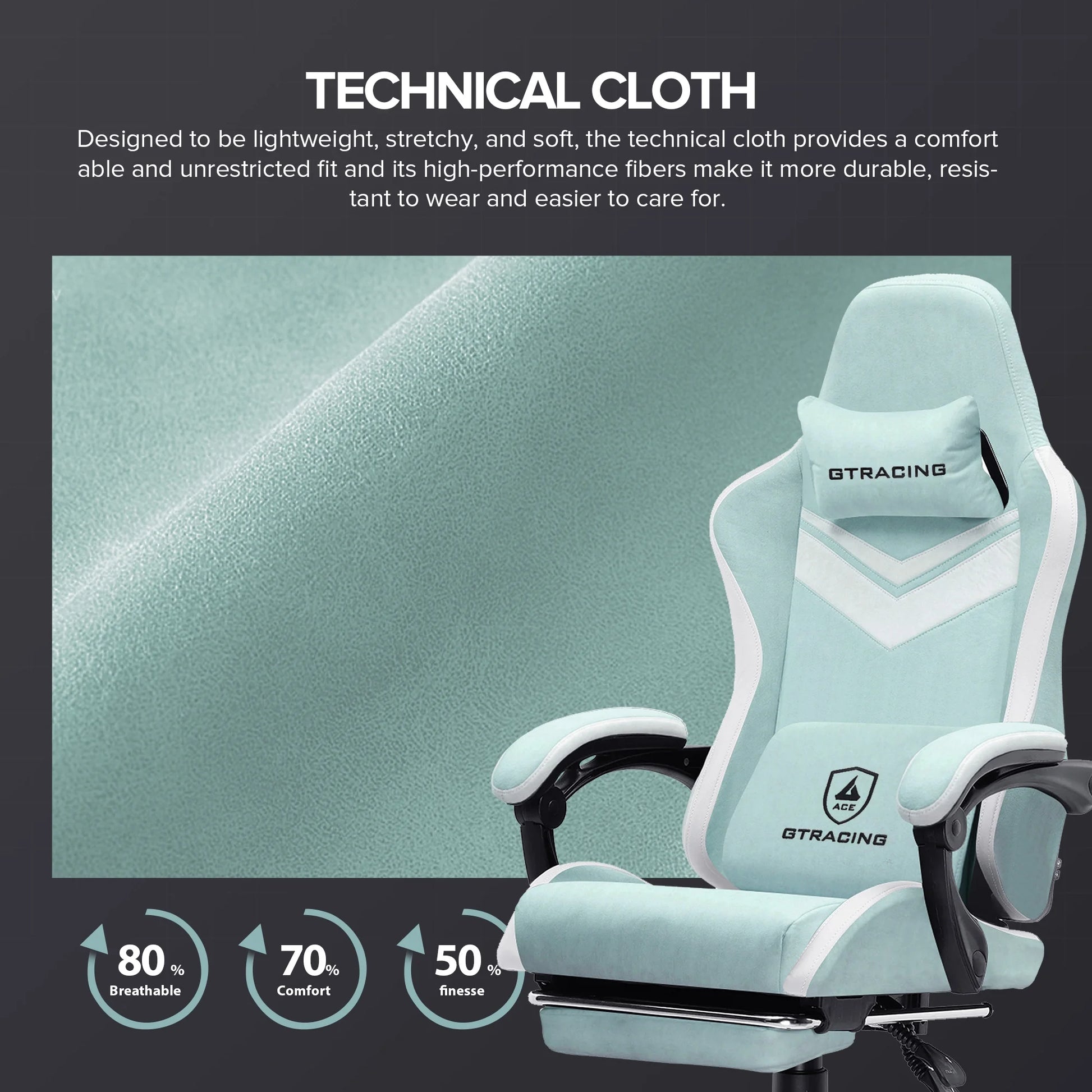 GTRACING GTW-300 Ergonomic Adjustable Height Reclining Fabric Gaming Chair, Green