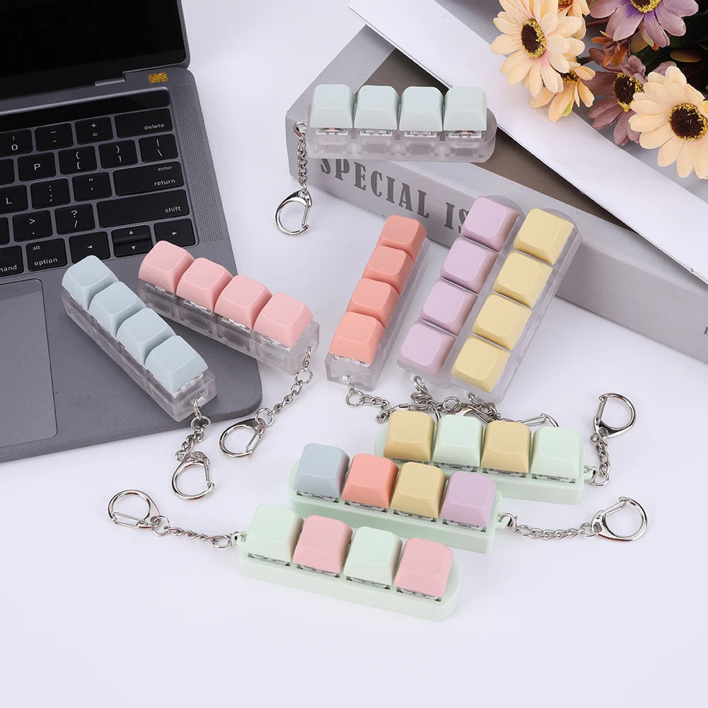 Button Keycap Fidget Keychain 4 Keys Keyboard Decompression Toys DIY Keyboard Keychain Toys for Adult Gifts to Relief Pass Time
