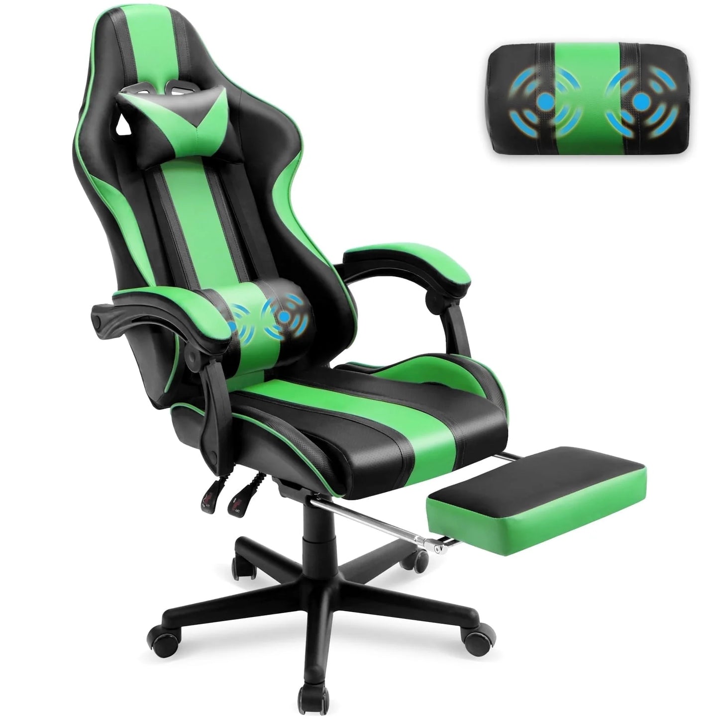 SOONTRANS Ergonomic High Back Gaming Chair with Footrest & Massage Lumbar Pillow, Green