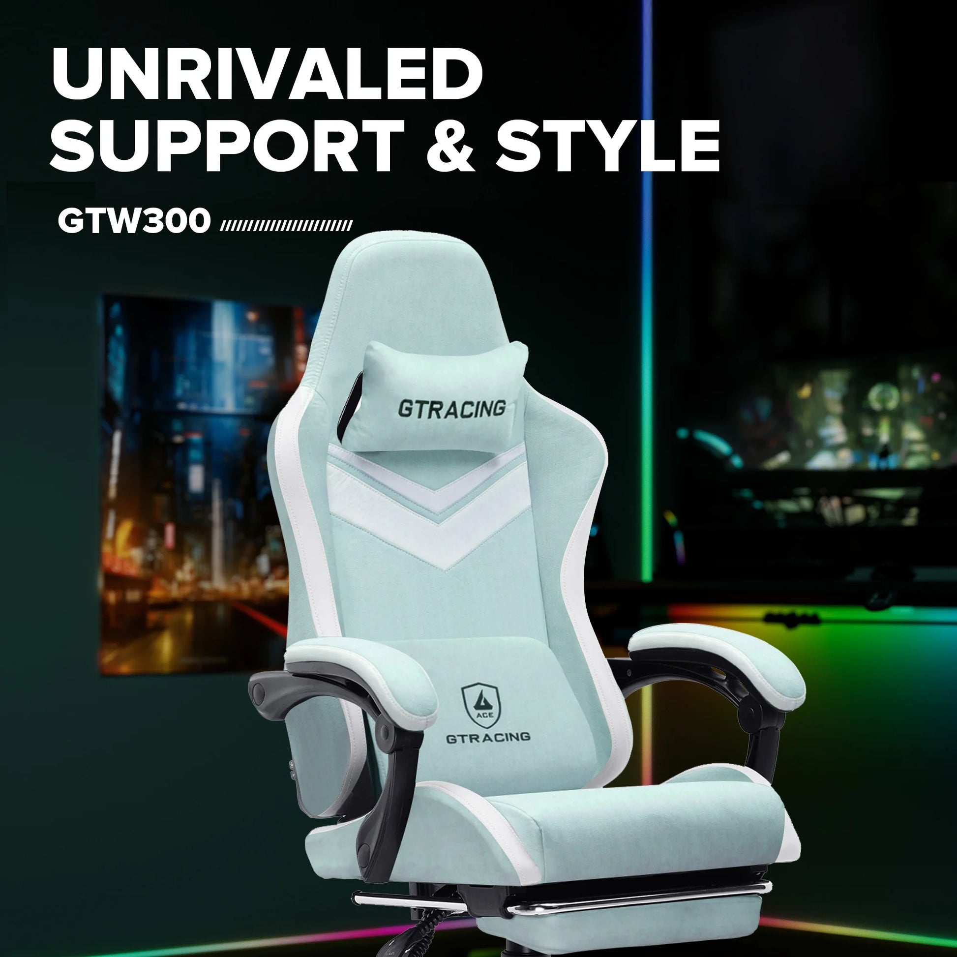 GTRACING GTW-300 Ergonomic Adjustable Height Reclining Fabric Gaming Chair, Green