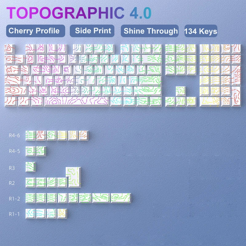 134 Key Black Topographic 4.0 PBT Keycaps Double Shot Side Print Shine through Backlit Key Caps for MX Gamer Mechanical Keyboard