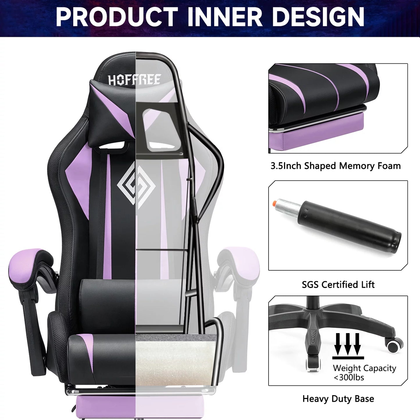 Gaming Chair with Massage PU Leather Office Chair with Footrest and LED Light Ergonomic Gamer Chair Lumbar Support Adjustable Headrest High Back Computer Chair for Home Office